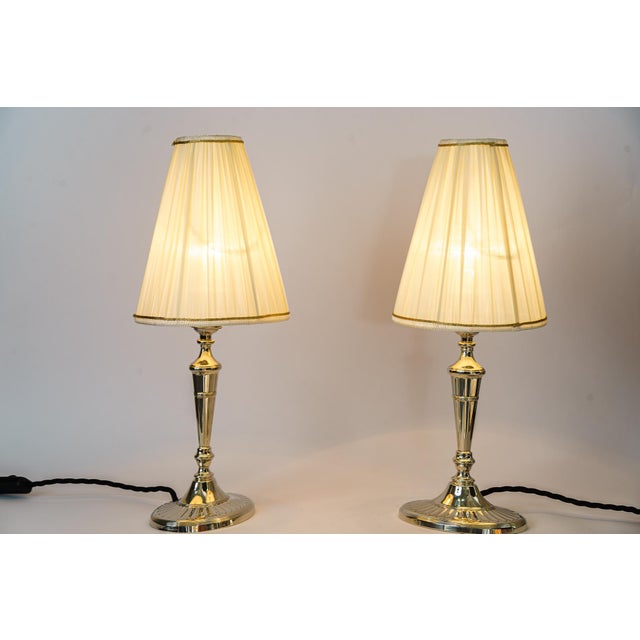 Table Lamps Alpaca with Oval Base and Fabric Shades, Vienna, 1920s, Set of 2 For Sale - Image 10 of 15