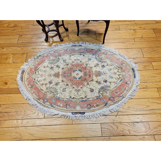 Textile Vintage Oval Shaped Persian Tabriz Rug, Hand-Knotted Wool & Silk, Floral Pattern, Ivory & Pale Pink, 3x5 For Sale - Image 7 of 8