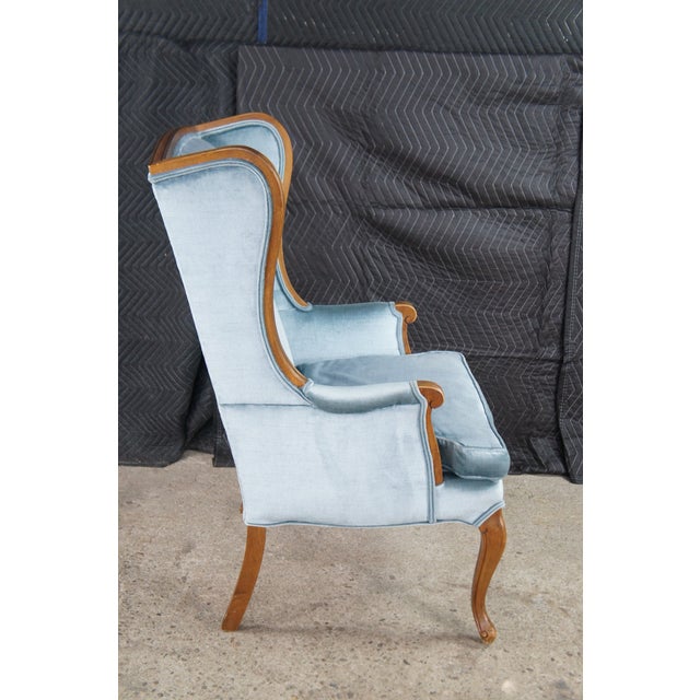 Vintage Queen Anne Style Library Wing Back Chair Light Blue Velvet Fabric For Sale - Image 6 of 11