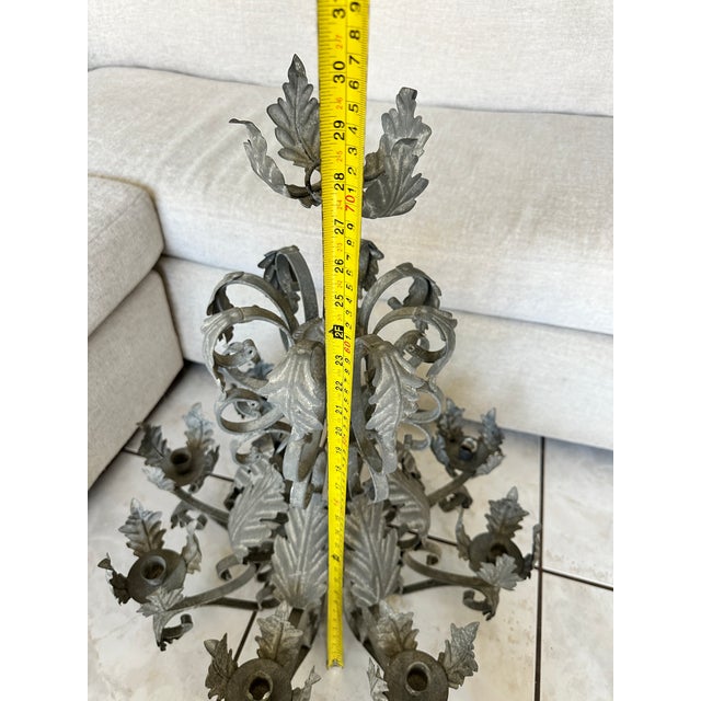 Vintage Patina Wrought Iron Tole Leaf 8 Candle Chandelier 30" Heavy French Style For Sale - Image 9 of 13