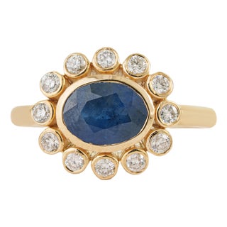 Modern 1.83ct Natural Sapphire Diamond Statement Ring in 14k Yellow Gold Size 5.5 For Sale