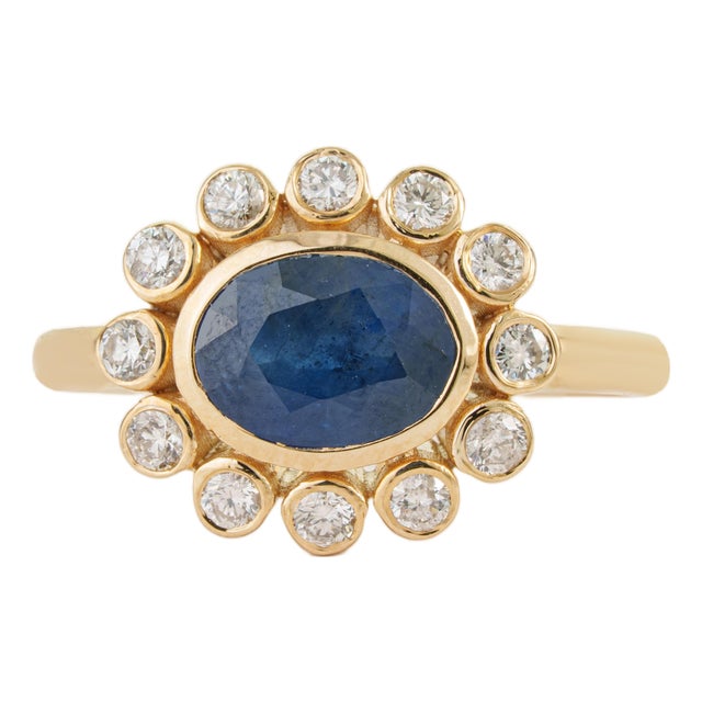Modern 1.83ct Natural Sapphire Diamond Statement Ring in 14k Yellow Gold Size 5.5 For Sale