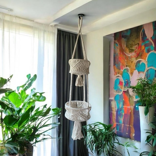 2000 - 2009 Handwoven Cotton Macrame Tiered Plant Hanger For Sale - Image 5 of 8