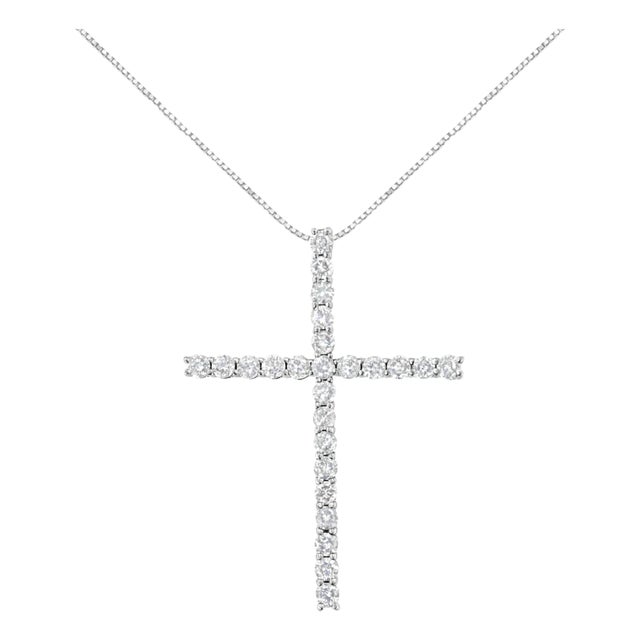 .925 Sterling Silver 2.0 Cttw Round Shape Diamond 1-1/4" Cross Pendant with Box Chain Necklace (I-J Color, I1-I2 Clarity) - 18" For Sale