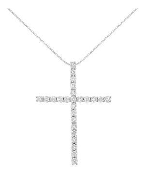 .925 Sterling Silver 2.0 Cttw Round Shape Diamond 1-1/4" Cross Pendant with Box Chain Necklace (I-J Color, I1-I2 Clarity) - 18"