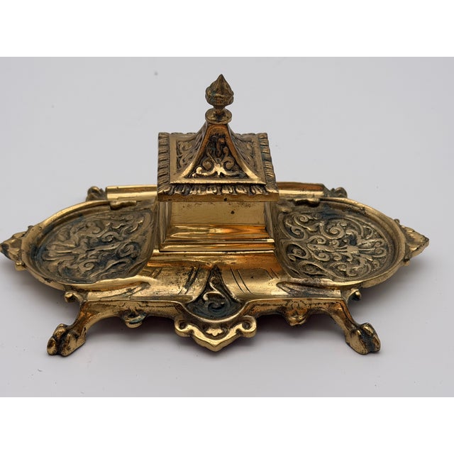Baroque Vintage Elaborate Brass Desk Inkwell Stand With Pen Trays For Sale - Image 3 of 9