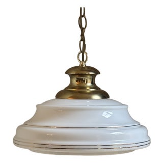 Mid-20th Century Opaline & Brass Schoolhouse-Style Pendant Light For Sale