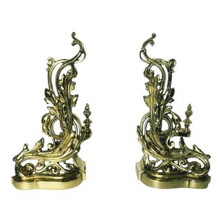 French Rococo Baroque Style Brass Andirons - A Pair For Sale