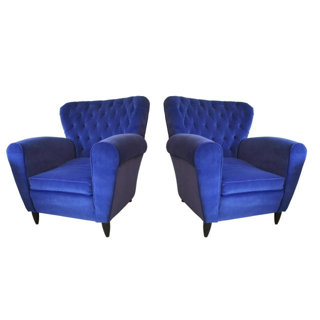 Wood Set of Velvet Blue Armchairs by Guglielmo Ulrich, 1950s For Sale - Image 7 of 7
