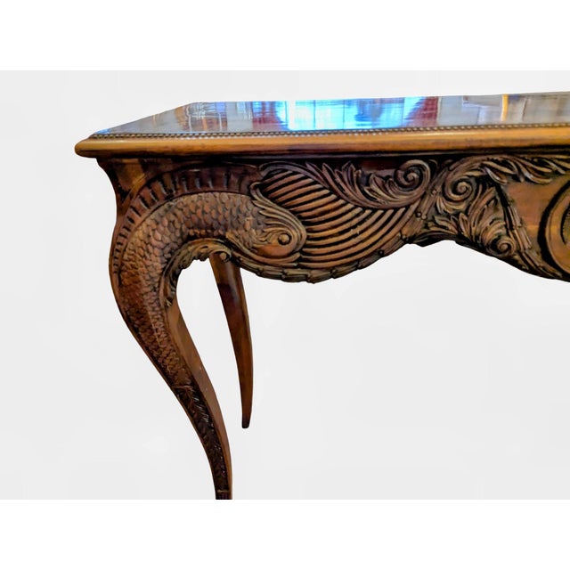 Antique Louis XV Style Inlaid Walnut/Kingwood/Mahagony and Maple Parquetry Featuring Ornate Carvings, Cabriole Legs and Center Figural Carvings For Sale In New York - Image 6 of 9