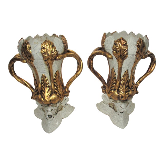Vintage Italy Dolphin Base & Double Snake Handle Gold & Grey Vases- a Pair For Sale