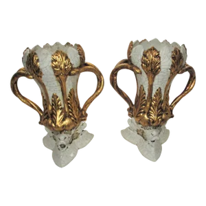 Vintage Italy Dolphin Base & Double Snake Handle Gold & Grey Vases- a Pair