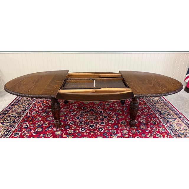 Antique English Butterfly Leaf Oval Carved Dining Table 118" Tiger Oak C1920-30s For Sale - Image 4 of 17