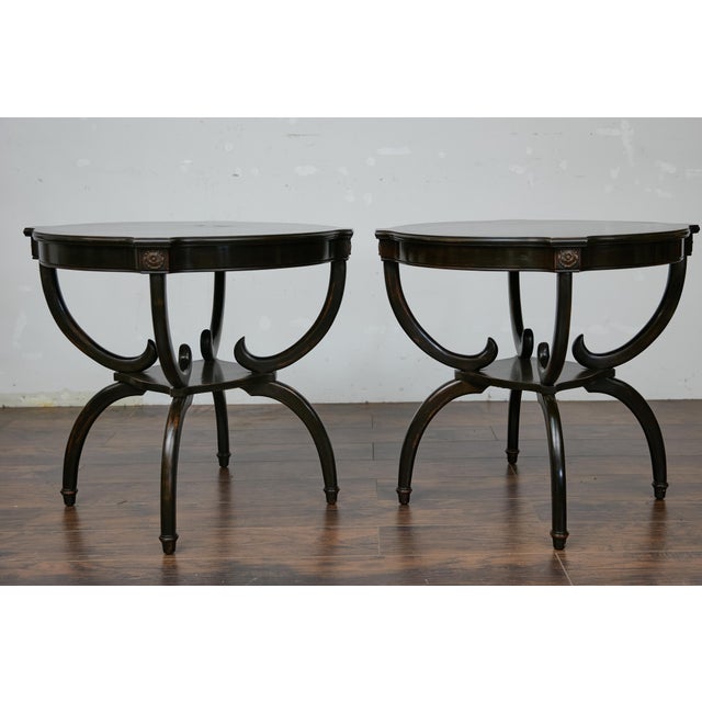 English Midcentury Period Dark Lacquered Side Tables with Neoclassical Accents For Sale - Image 10 of 12