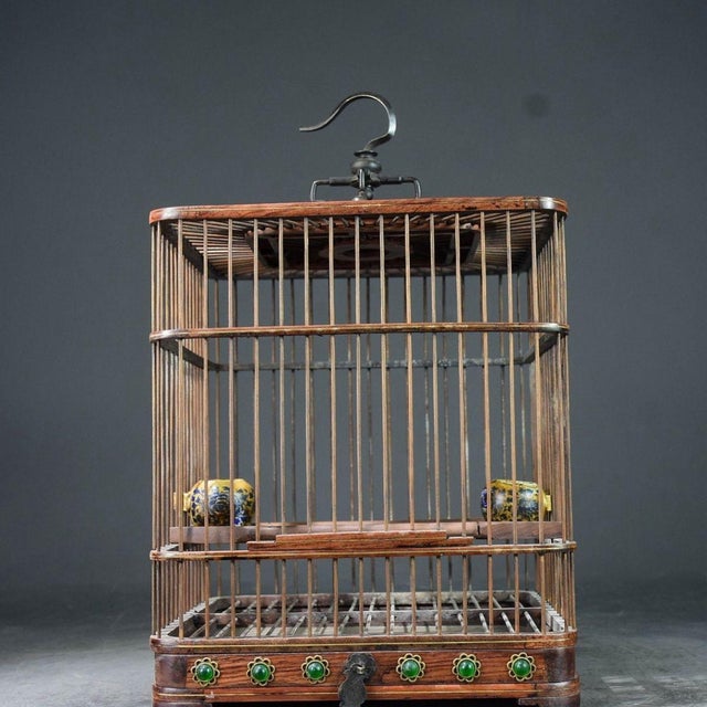 Vintage Chinese Huali Rosewood "Bamboo" Bird Cage With Jade Butterfly and Gem Inlays For Sale In Los Angeles - Image 6 of 11