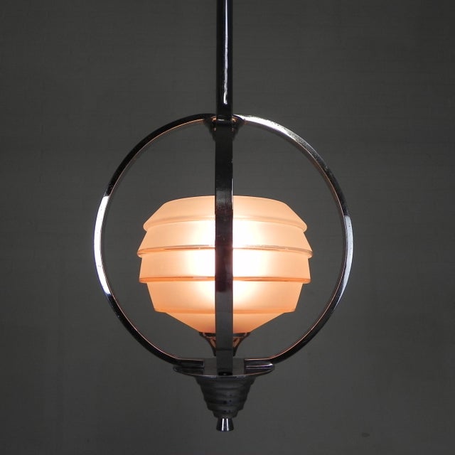 Art Deco Pendant Lamp with Glass Shade and Chrome Frame, 1930s For Sale - Image 11 of 18