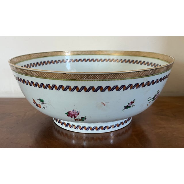 Ceramic Large Antique 18th Century Chinese Export Famille Rose Porcelain Punch Bowl Decorated With Flowers, Fruit and Butterflies For Sale - Image 7 of 12