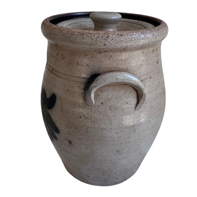 Cornflower Blue 1986 Rowe Pottery Works Salt Glazed Stoneware Rooster Crock With Lid 11" For Sale - Image 8 of 13