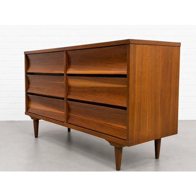 Mid-Century Modern Mid Century Modern Walnut Lowboy Dresser | Sculpted Front 6 Drawer Credenza | Refinished Vintage MCM Bedroom Storage Cabinet, C. 1960’s For Sale - Image 3 of 16