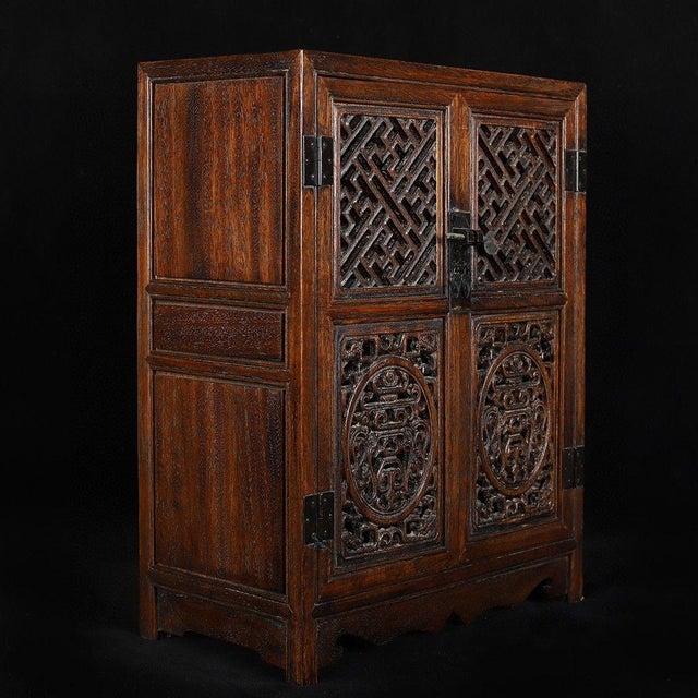 Vintage Chinese Huali Rosewood Carved Two-Door Tabletop Cabinet With Drawers For Sale - Image 4 of 9
