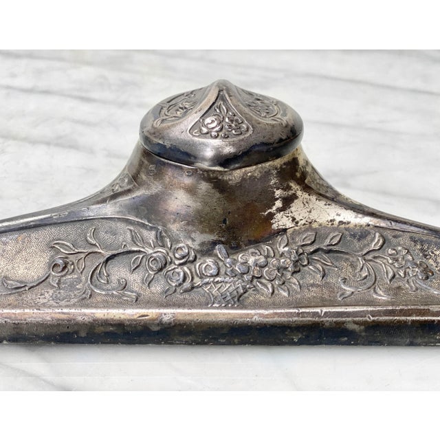 Vintage Art Deco Cast Metal Floral Motif Inkwell W/ Pen Rest For Sale - Image 6 of 12