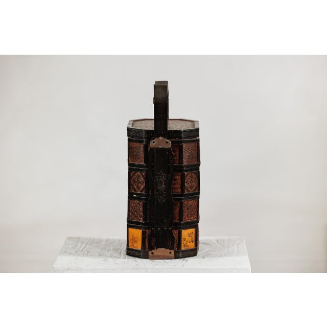 Mid 20th Century Chinese Hexagonal Four-Tier Woven Bamboo Basket with Carved Handle For Sale In New York - Image 6 of 18