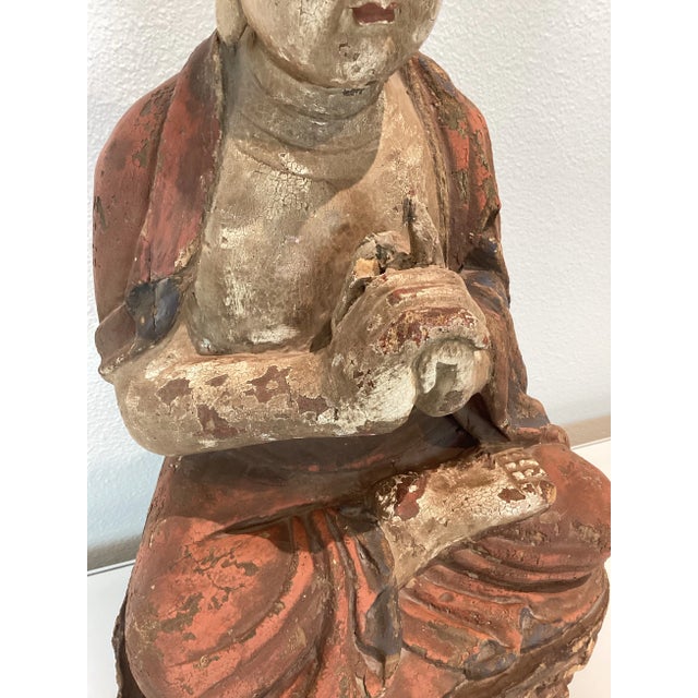 Almond Antique Solid Wood Carved Buddha Statue Sculpture For Sale - Image 8 of 12
