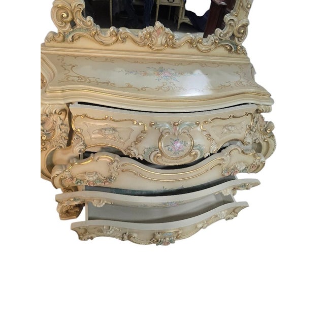 Late 20th Century Italian Silik Rococo Revival Hand Painted Bombe Dresser With Mirror For Sale - Image 10 of 12