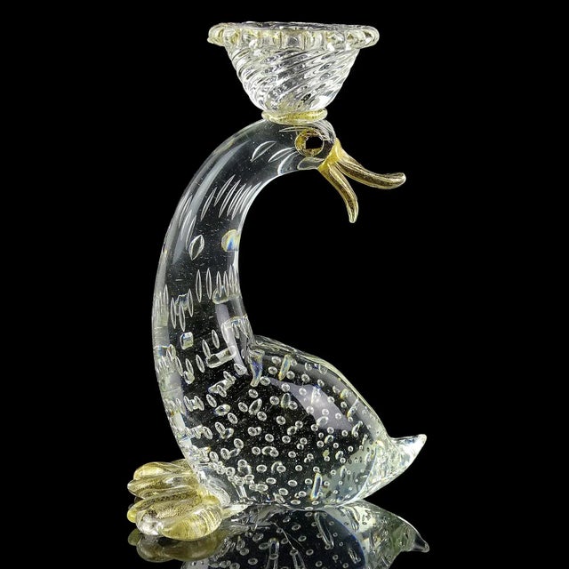 Beautiful, rare and large Murano hand blown crystal clear, controlled bubbles and gold flecks Italian art glass duck...