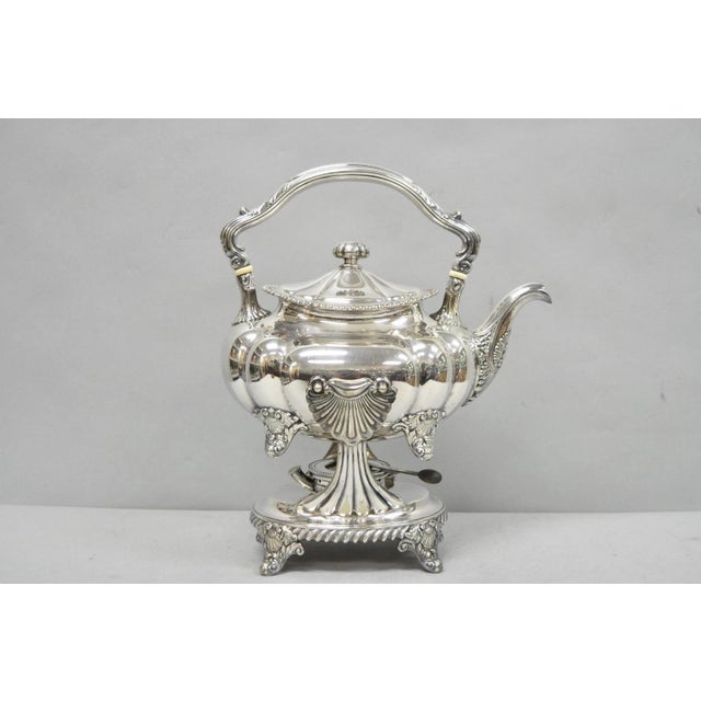 Antique Victorian Silver Plated Gorham 01180 Ornate Footed Tilting Teapot Coffee Pot on Warming Stand. Circa Early 20th...