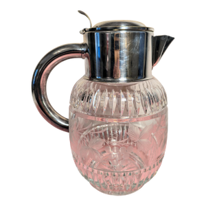 Vintage Etched Cut Crystal Water Pitcher Silverplate Handle Made in Germany d.r.g.m.