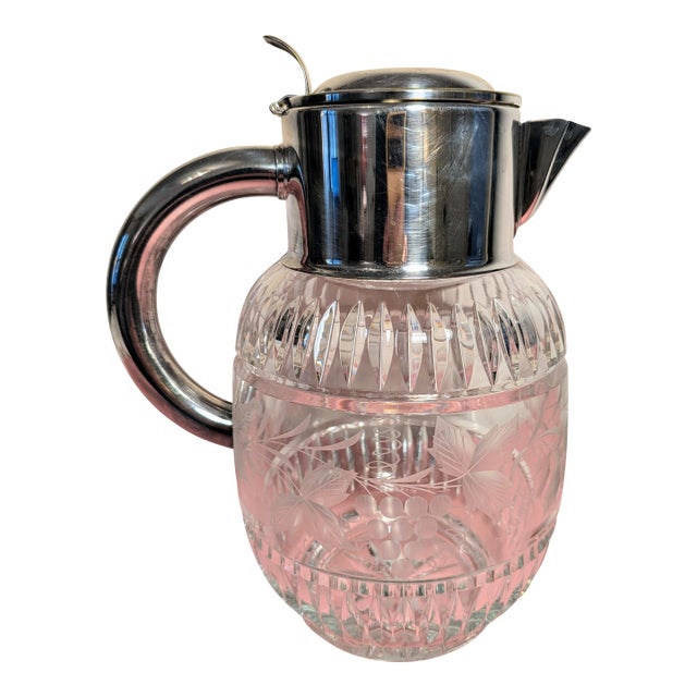 Vintage German d.r.g.m. Cut Crystal Water Pitcher With Grape Engraving & Silverplate Handle For Sale