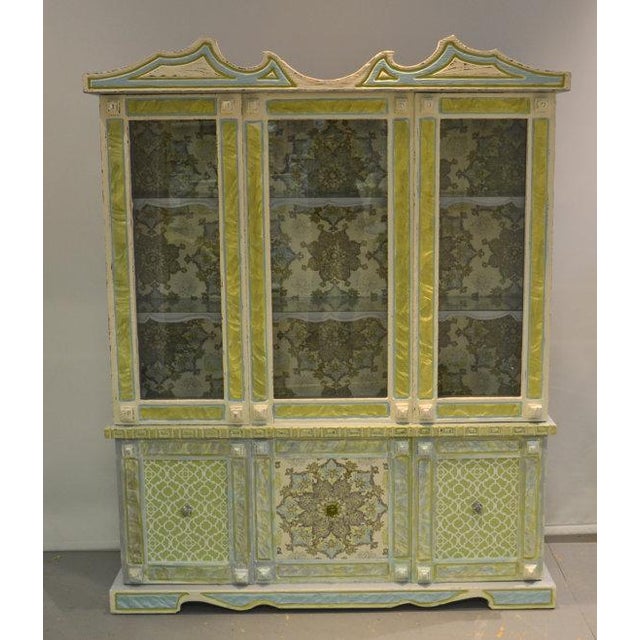 Painted & Wallpapered China Cabinet | Chairish