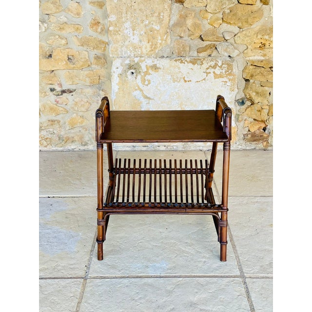 Mid-century, vintage bamboo and rattan side table with concave/ "l shape" magazine rack/storage made in italy circa 60's....