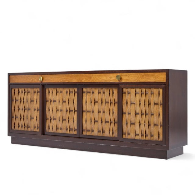 Mid-Century Modern Edward Wormley for Dunbar Mid Century Basketweave Rosewood and Mahogany Credenza For Sale - Image 3 of 15
