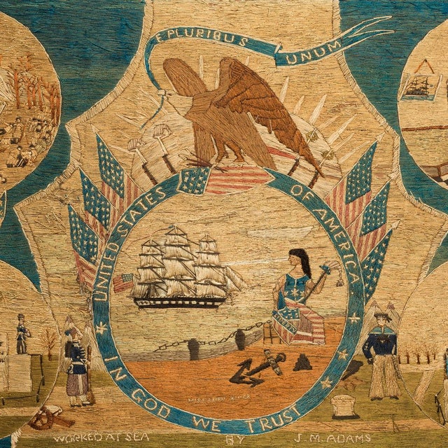 This patriotic print featuring a late 18th century sailor's woolie depicts several vignettes of well-known moments in...