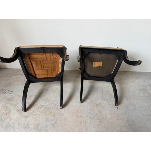 Pair of John Gee Style Hollywood Regency Ebonized Armchairs With Brass Accents For Sale - Image 12 of 12