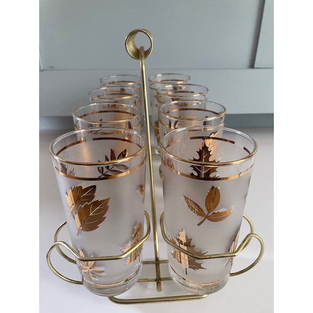 Libbey Glass Co. Mid Century Highball Glasses Libbey Frosted W 22 Karat Gold Leaf, Set of 8 With Caddy For Sale - Image 4 of 11
