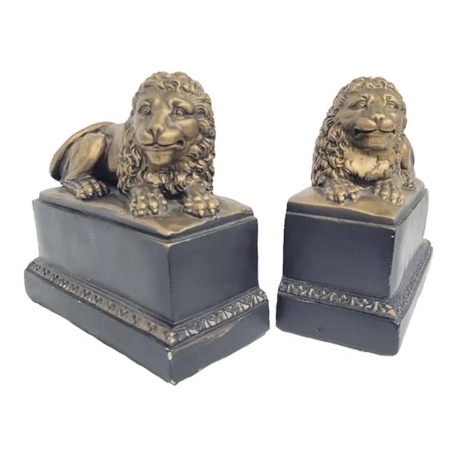 1950s Neoclassical Lion Chalk Sculpture Cat Bookends - Set of 2 For Sale
