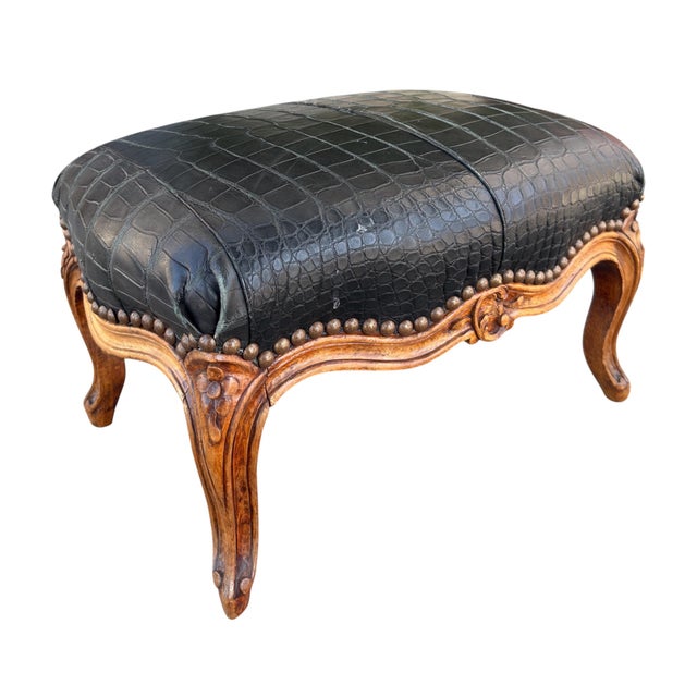 Antique Crocodile Leather French Provincial Footstool Ottoman For Sale - Image 4 of 5