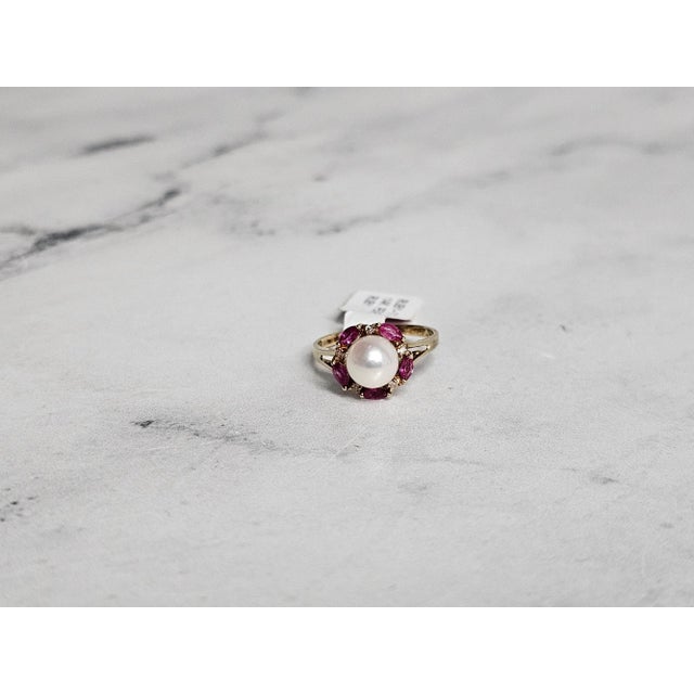 7MM Freshwater White Pearl & Ruby Diamond Halo Ring 14k Yellow Gold, Size 8 For Sale - Image 4 of 5