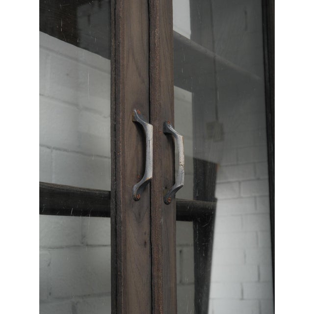 Rustic Dark Wood Glass-Front Cabinet on Tiered Open Base For Sale - Image 3 of 5
