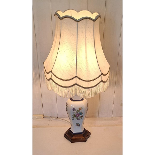 Vintage Table Lamp with Porcelain Base on Linden Wood Base, 1970s For Sale - Image 3 of 7