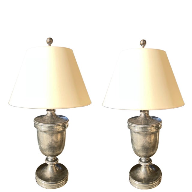 E. F. Chapman Urn Table Lamps in Sheffield Nickel by Visual Comfort, Set of 2 For Sale - Image 4 of 4