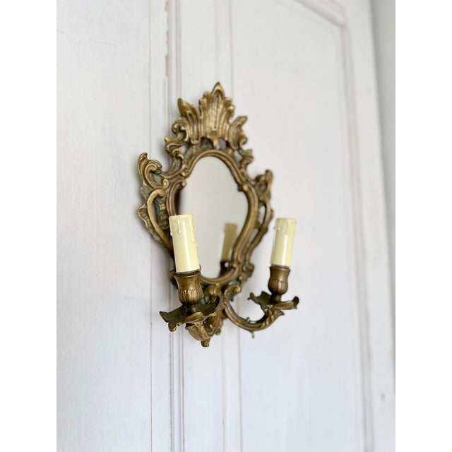 Mid-Century French Rococo Revival Brass Wall Mirror Sconce, 1950s For Sale - Image 14 of 16