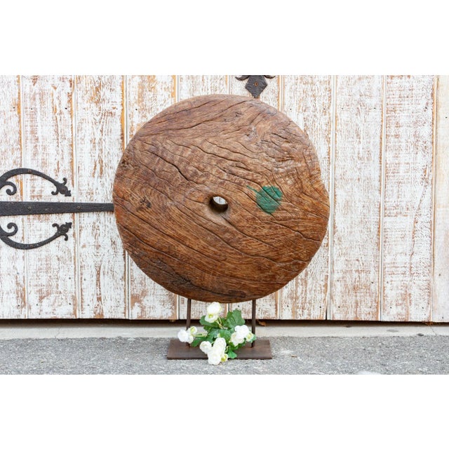 Wood Large Antique Teak Wheel With Iron Stand For Sale - Image 7 of 8