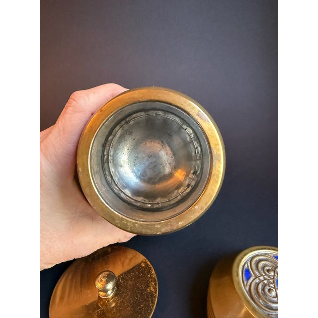 Brass Vintage Brass Canister With Decorative Blue Enamel Top For Sale - Image 8 of 9