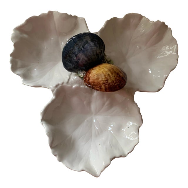 Vintage Mid-Century Italian Ceramic Clam Shell & Leaves Serving Dish For Sale