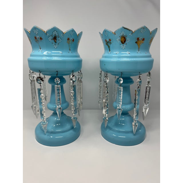 Victorian Late 19th Century Victorian Blue Opaline Glass Mantle Lusters With Cut Prisms, Pair, 14” For Sale - Image 3 of 10