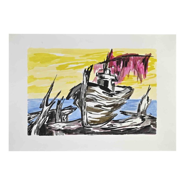 Arturo Pagano, The Ship, Watercolor, 1980s For Sale